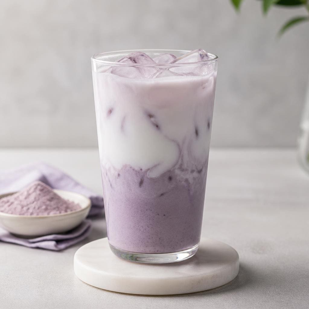 Es Taro Latte Kopi Ruang Hati dengan taro powder susu dan sirup gula